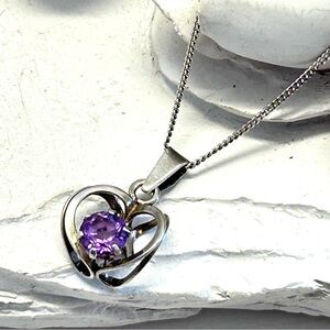 Vintage Finland Modernist 925 Heart Amethyst Necklace 20”
